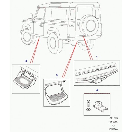 Land rover necessaire de reparation marche pieds arriere Defender 90, 110, 130 (KVL500240)