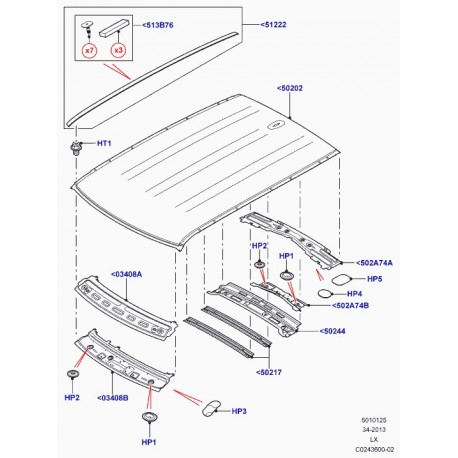 Land rover renfort panneau de pavillon Range L405,  Sport (LR036457)