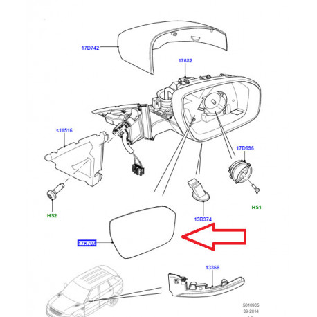 Land rover glace retroviseur exterieur droit  Range (LR035061)